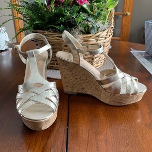 Wedge strappy sandals, brand Brash, size 9, gold with cork heel